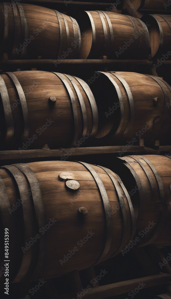Very old wine barrells lying in the center of a huge dark empty space Very old wine barrells lying in the center of a huge dark empty space