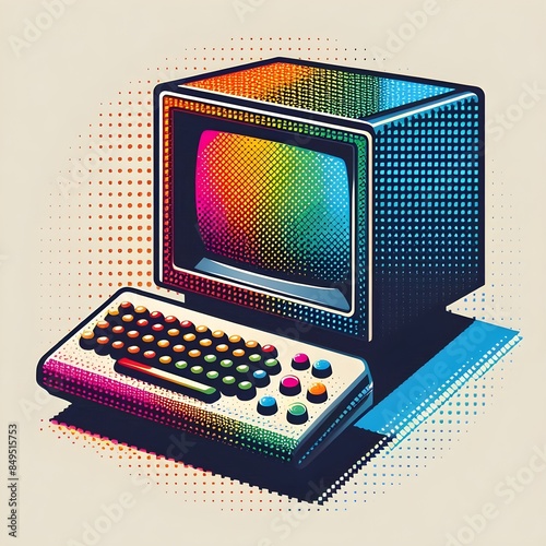 A retro computer made of colorful halftone dots effect. Retro halftone computer