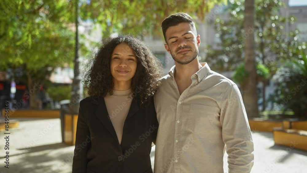 A smiling woman and man stand together in a sunny park with lush green trees in the background. A smiling woman and man stand together in a sunny park with lush green trees in the background.