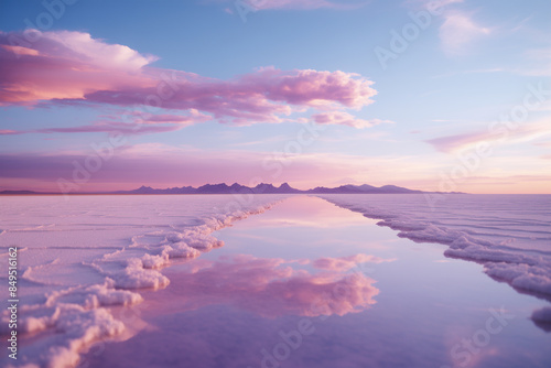 Tranquil sunset over a vast salt flat with vivid reflections. Generative AI image