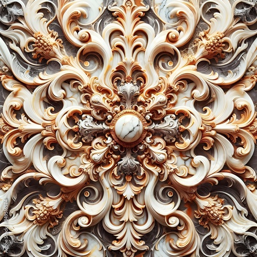 Close-up of an marble baroque ornate, symmetrical design with swirling patterns and decorative elements in gold and ivory tones. Ornamental marble design background