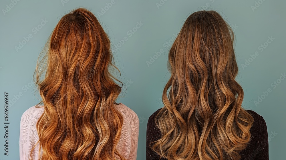 Before and after photo of a womans hair, from dry and unhealthy to hydrated and vibrant after a treatment Before and after photo of a womans hair, from dry and unhealthy to hydrated and vibrant after a treatment