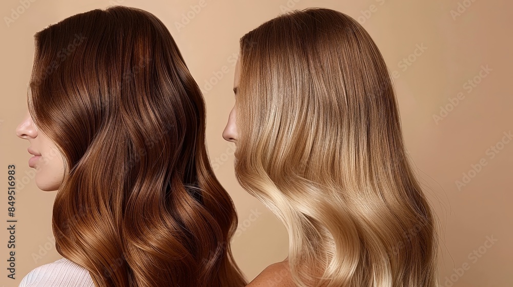 Fototapeta premium Two women with different hair colors showcasing the before and after results of a hair treatment. One woman has dark brown hair, the other has light blonde hair