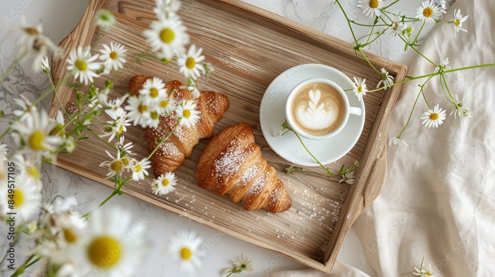 Fototapeta premium Coffee and croissant on a wooden plate, boho decor