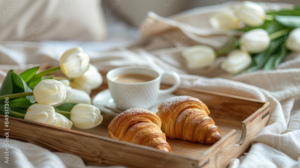 Coffee and croissant on a wooden plate, boho decor Coffee and croissant on a wooden plate, boho decor