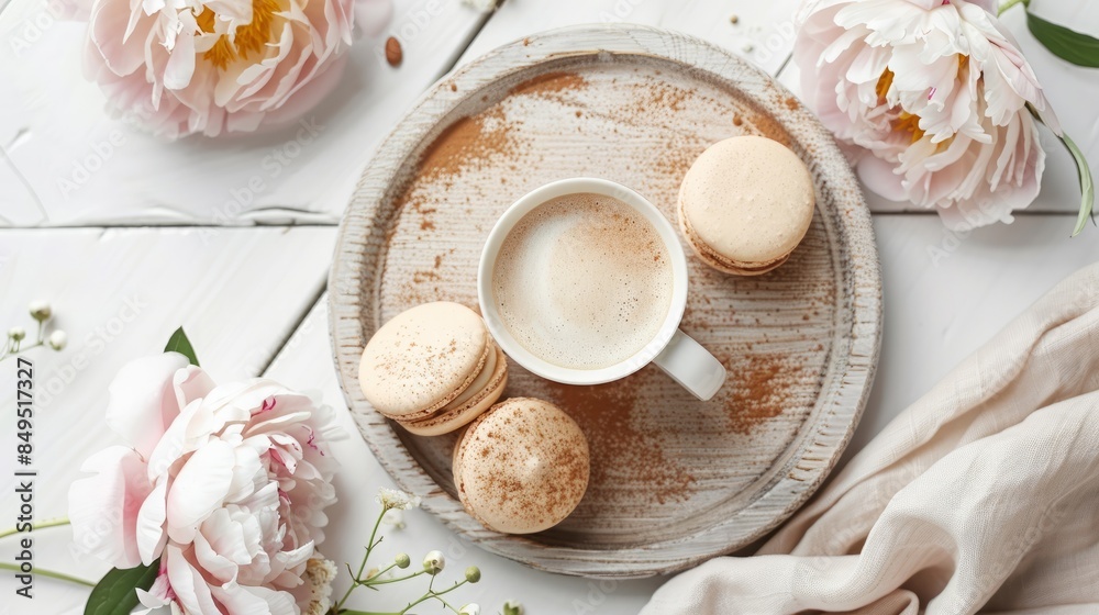 Coffee and macarons on a wooden plate, boho decoration Coffee and macarons on a wooden plate, boho decoration