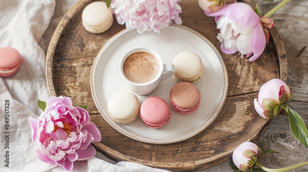Coffee and macarons on a wooden plate, boho decoration Coffee and macarons on a wooden plate, boho decoration