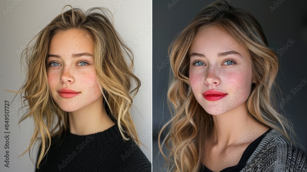 A side-by-side comparison of Morgansovka, showcasing her natural look on the left and a polished makeup look on the right A side-by-side comparison of Morgansovka, showcasing her natural look on the left and a polished makeup look on the right
