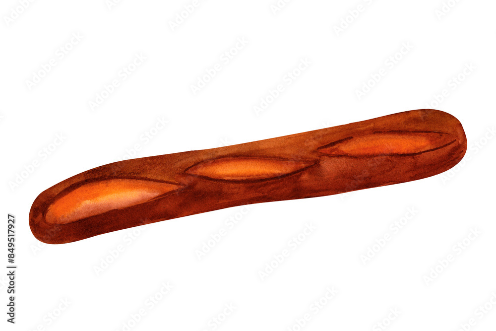 Rye whole grain baguette with sourdough, watercolor illustration. For prints on textile and paper, clothes, plates and dishes design, decoration for kitchen, restaurant menus, recipes, cookbook Rye whole grain baguette with sourdough, watercolor illustration. For prints on textile and paper, clothes, plates and dishes design, decoration for kitchen, restaurant menus, recipes, cookbook
