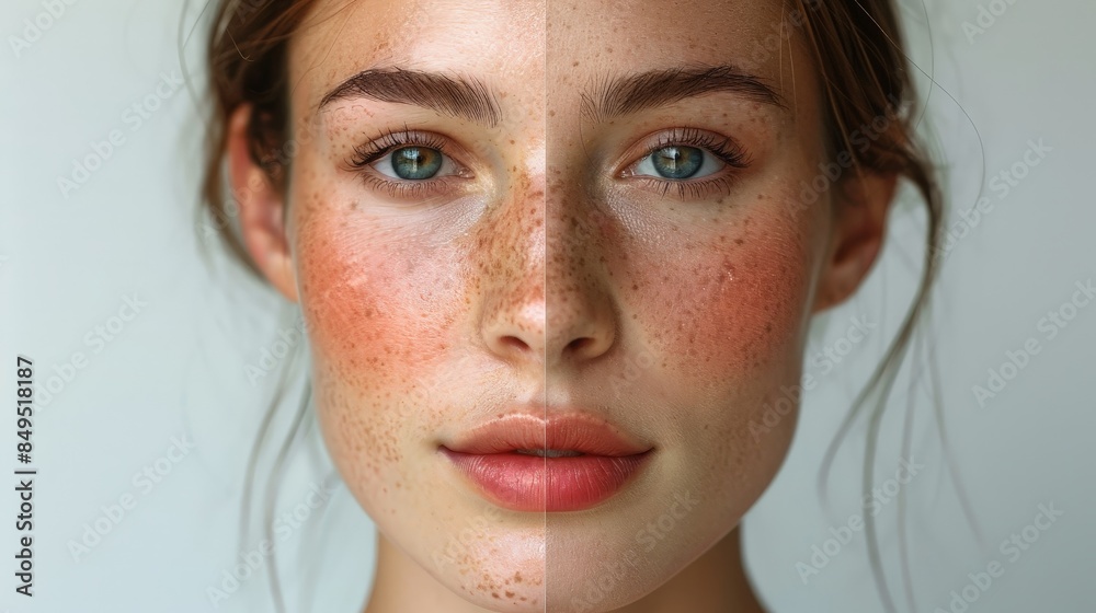 A womans face is shown in two images, split down the middle, to compare her skin before and after a skincare treatment. The image shows noticeable improvement in the appearance of her skin A womans face is shown in two images, split down the middle, to compare her skin before and after a skincare treatment. The image shows noticeable improvement in the appearance of her skin