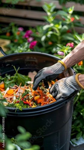 A person wearing gardening gloves and sorted food waste into the bin for the indoor rooftop organic compost © MstHafija
