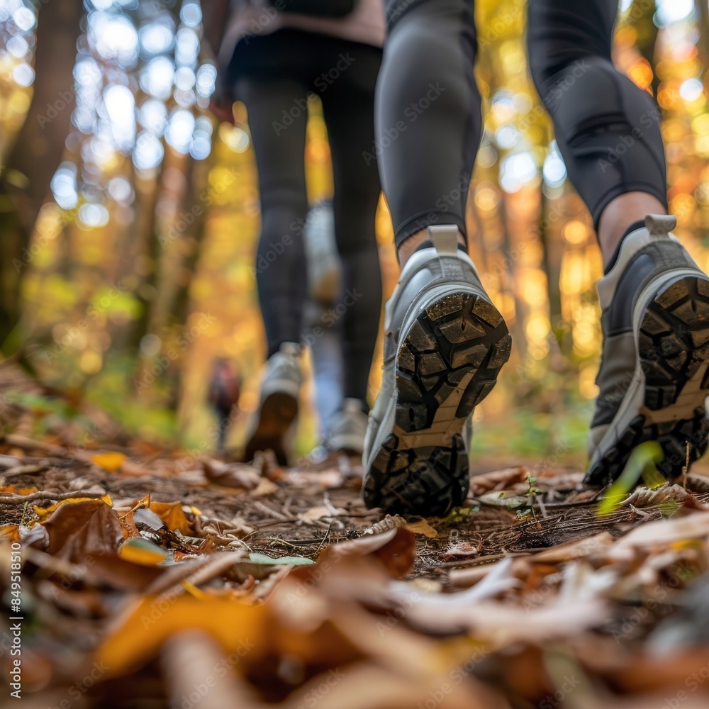 Close up of people hiking in a forest,walking on a trail wearing outdoor shoes on blur background Close up of people hiking in a forest,walking on a trail wearing outdoor shoes on blur background