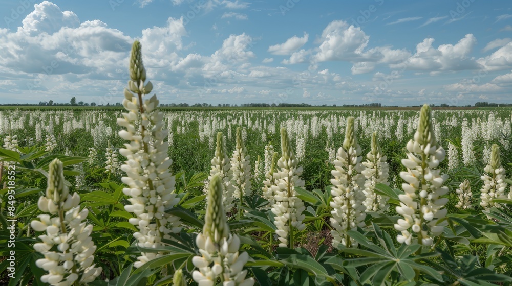Field planted with white lupine crops Field planted with white lupine crops