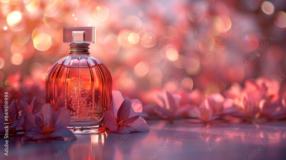 Close-up of a perfume bottle with floral scent emanating, set against a sophisticated, isolated background with perfect lighting Close-up of a perfume bottle with floral scent emanating, set against a sophisticated, isolated background with perfect lighting