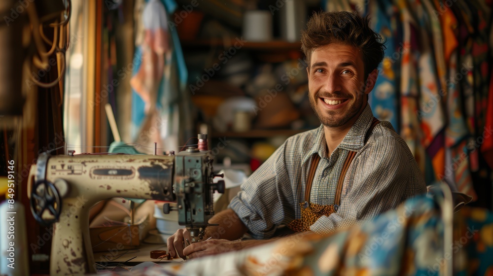 content tailor in a cozy workshop, expertly sewing garments with a smile, surrounded by fabrics and sewing tools, reflecting passion and joy in creating custom clothing content tailor in a cozy workshop, expertly sewing garments with a smile, surrounded by fabrics and sewing tools, reflecting passion and joy in creating custom clothing