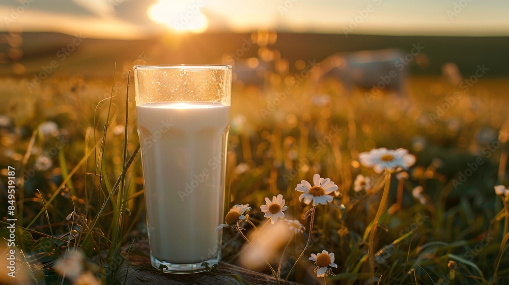 Close-up of milk in a glass, set on a rustic table, lush farm meadow and grazing cows under clear skies, sunlight softly highlighting the scene Close-up of milk in a glass, set on a rustic table, lush farm meadow and grazing cows under clear skies, sunlight softly highlighting the scene