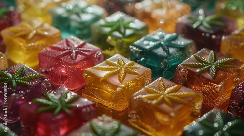 Close-up of colorful cannabis jelly candies, highlighting the vibrant mixed colors and intricate details with a glossy finish photo