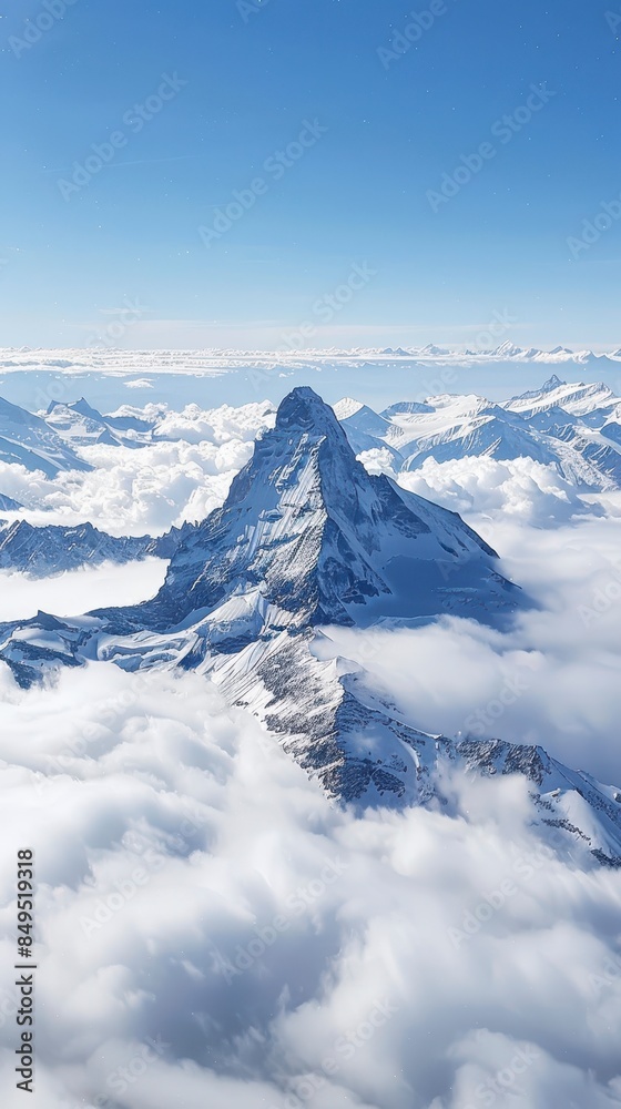 distance view of peak of matterhorn mountain with fluffy whitw clouds on blue sky background distance view of peak of matterhorn mountain with fluffy whitw clouds on blue sky background