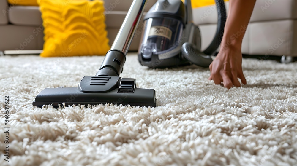 Vacuuming the Carpet: Hands pushing a vacuum cleaner across a plush carpet, with vacuum lines visible. Vacuuming the Carpet: Hands pushing a vacuum cleaner across a plush carpet, with vacuum lines visible.