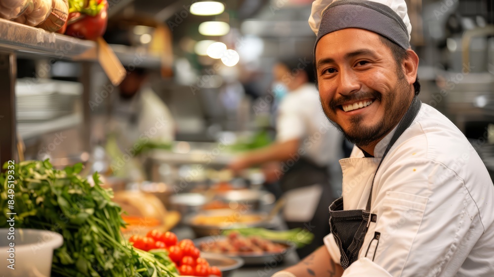 joyful chef in a gourmet restaurant, passionately preparing a dish with a smile, surrounded by fresh ingredients and a lively kitchen team, embodying a love for culinary arts and excellence joyful chef in a gourmet restaurant, passionately preparing a dish with a smile, surrounded by fresh ingredients and a lively kitchen team, embodying a love for culinary arts and excellence