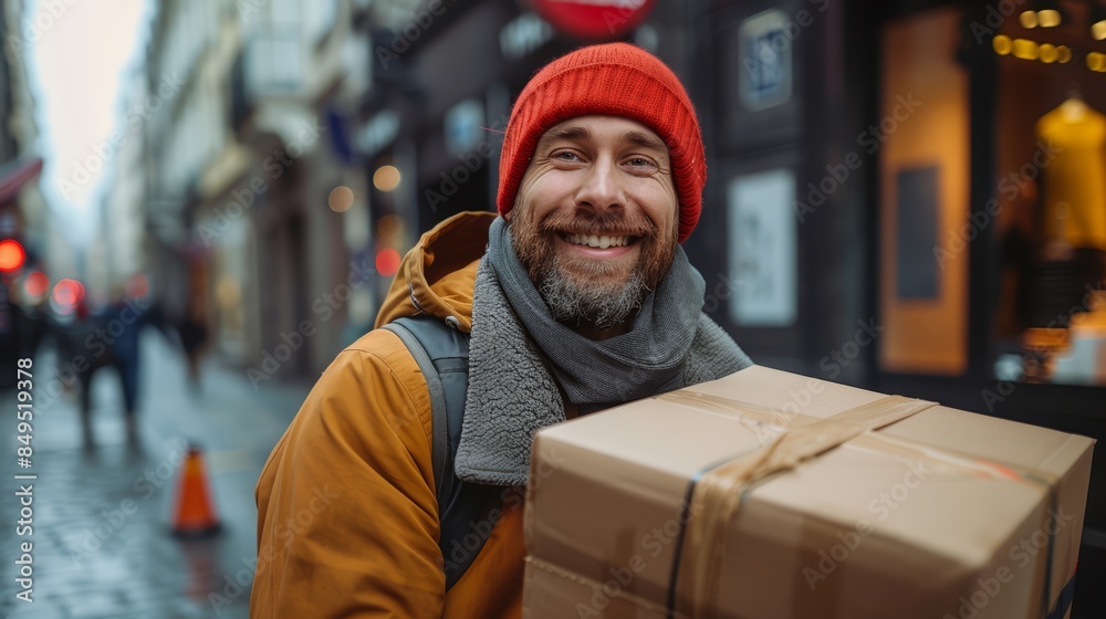 cheerful delivery driver in a busy city, efficiently delivering packages with a smile, enjoying the dynamic and fast-paced environment, reflecting satisfaction in providing a valuable service cheerful delivery driver in a busy city, efficiently delivering packages with a smile, enjoying the dynamic and fast-paced environment, reflecting satisfaction in providing a valuable service