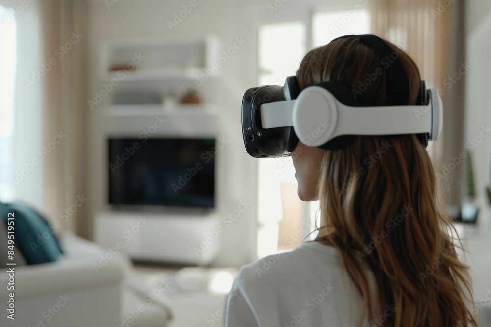 A woman wearing VR headset explores virtual reality in a stylish and modern living room setting. A woman wearing VR headset explores virtual reality in a stylish and modern living room setting.