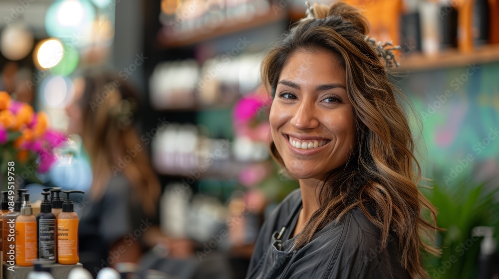 happy hair stylist in a trendy salon, expertly cutting hair with a smile, surrounded by beauty products and happy clients, showcasing passion for style and customer satisfaction happy hair stylist in a trendy salon, expertly cutting hair with a smile, surrounded by beauty products and happy clients, showcasing passion for style and customer satisfaction