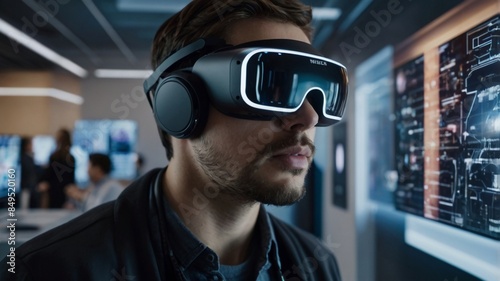 man wearing virtual reality VR goggles surrounded by a hightech futuristic equipment