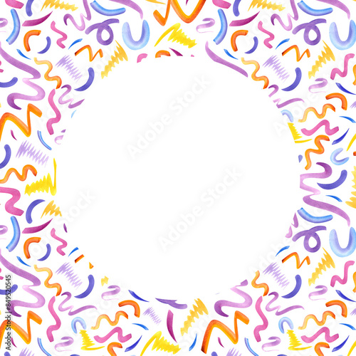 Line doodle. Native abstract multicolored brush strokes. Simple shapes. Curls design, squiggle in 90s style. Square frame with round space for text. Watercolor illustration isolated on white.
