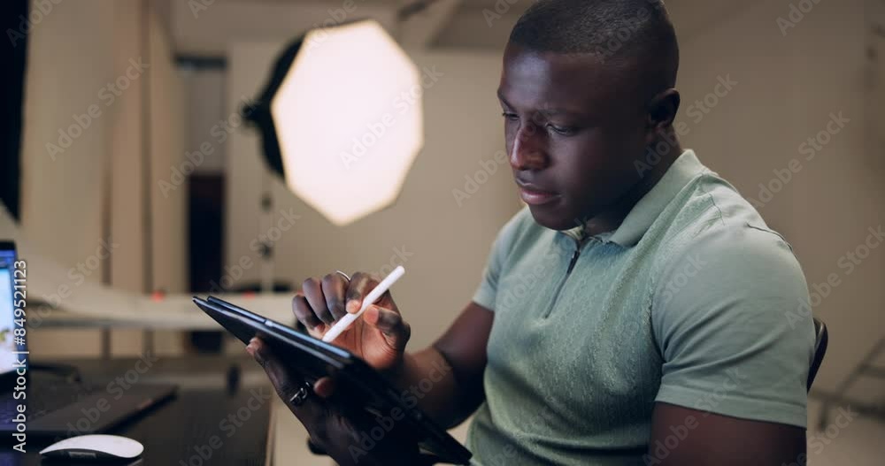 Man, tablet and digital sketch in studio for work as graphic designer or edit picture for agency. Photographer, creative and drawing pad for retouching photo, website app and media storyboard