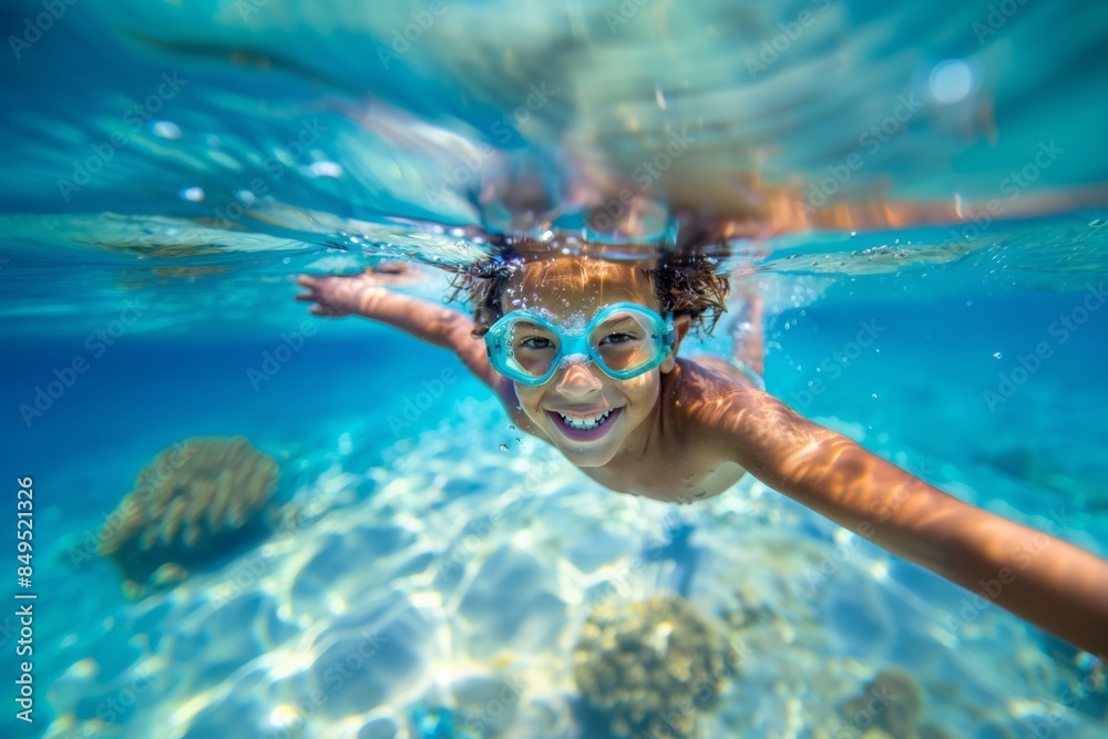 Naklejka premium A joyful child swimming underwater in a clear tropical ocean, enjoying the summer vacation with a big smile on their face.