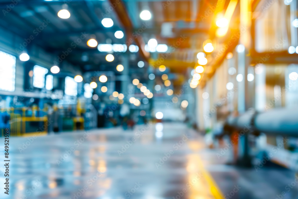 Fototapeta premium A blurred, defocused image of a factory interior, highlighting the bustling activity and industrial atmosphere without focusing on specific details.