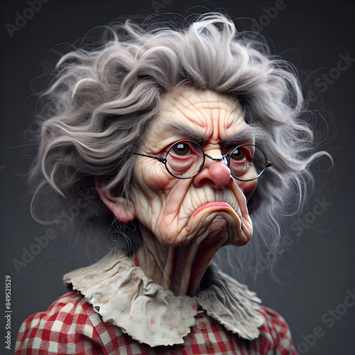 Old woman has prounounced cranky expression on her face with gray hair and ruffled collar on gingham dress photo