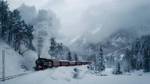 A steam train is traveling through a snowy landscape photo