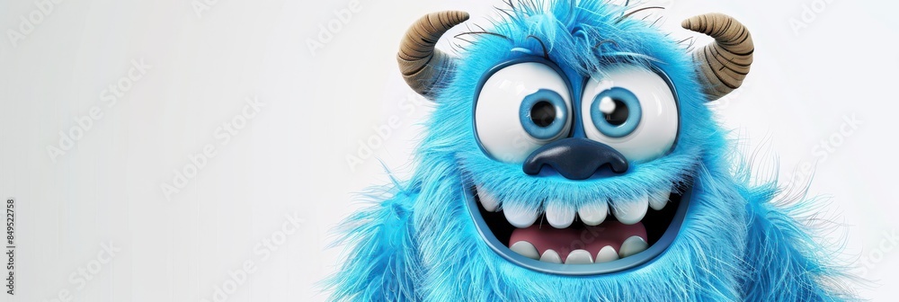 A cute smiling fluffy monster with blue fur on a white background A cute smiling fluffy monster with blue fur on a white background