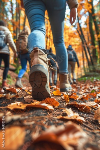 Close up of people hiking in a forest,walking on a trail wearing outdoor shoes on blur background