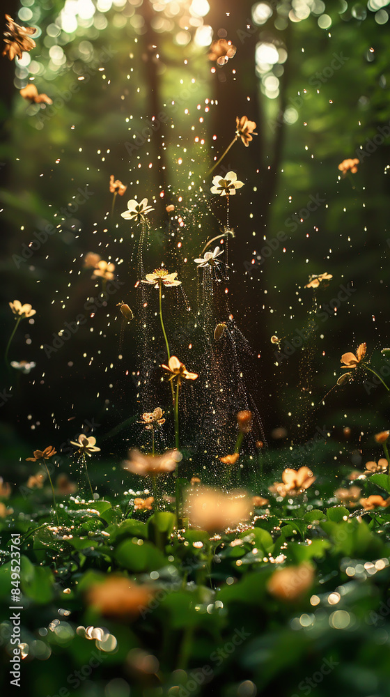 Magical Spring Meadow with Floating Flowers and Sunlight - Nature's Tranquil Beauty Magical Spring Meadow with Floating Flowers and Sunlight - Nature's Tranquil Beauty