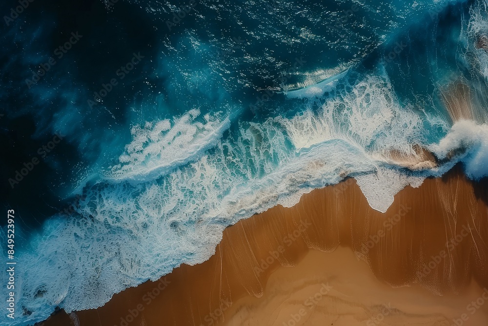Turquoise Tranquility: Aerial View of Foamy Waves Washing Over a Secluded Sandy Beach Turquoise Tranquility: Aerial View of Foamy Waves Washing Over a Secluded Sandy Beach