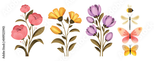 Botanical set of blooming flowers and insects. Pink, yellow and purple flowering buds. Butterflies, dragonfly and bee. Different flowers and insects isolated on white background.