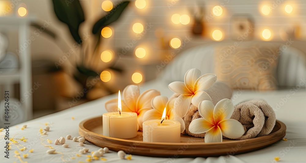 Candles and spa elements on a wooden tray against a blurred background of a beauty salon interior, space for text. Candles and spa elements on a wooden tray against a blurred background of a beauty salon interior, space for text.