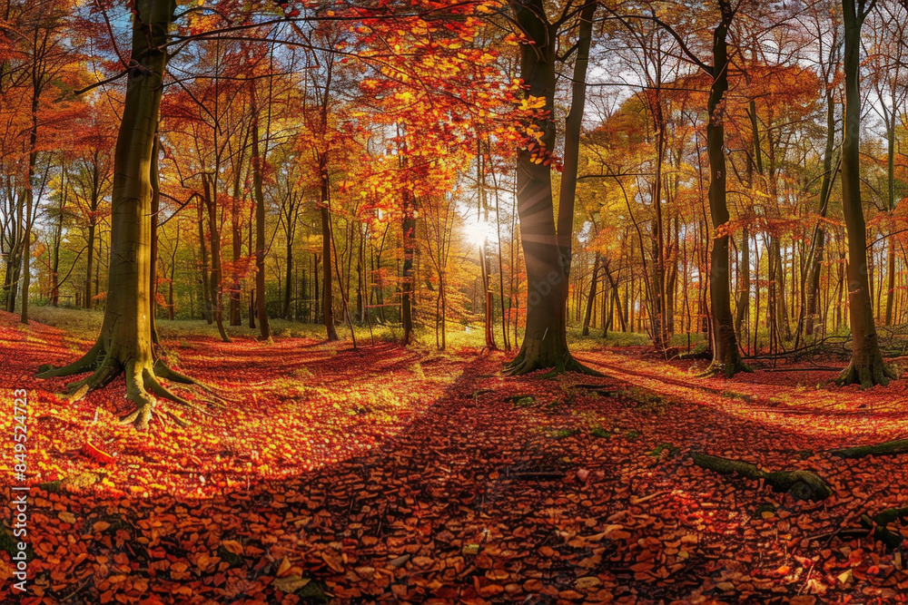 Naklejka premium The sun is shining through the trees in a beautiful autumn forest, casting long shadows on the ground covered with red and orange leaves