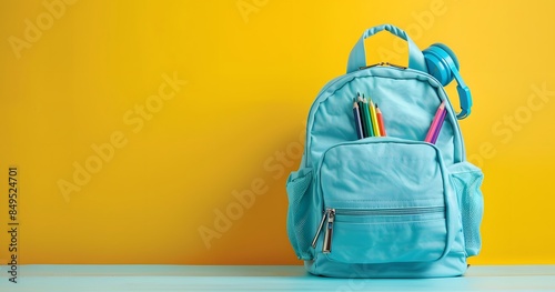 A cute light blue backpack with white earphones, placed on an empty table against the background of a yellow wall