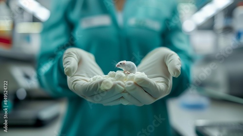 Detailed shot of a scientist's gloved hands holding a white mouse, laboratory environment blurred in the background, showcasing research and testing practices