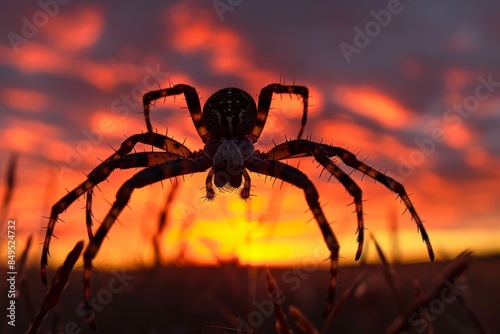 Dusk Predator: Spider Silhouetted Against a Fiery Sunset