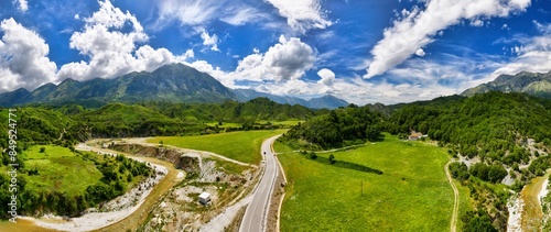 Aerial panorama of Vlora countryside and the beautiful mountain range of southern Albania.  photo