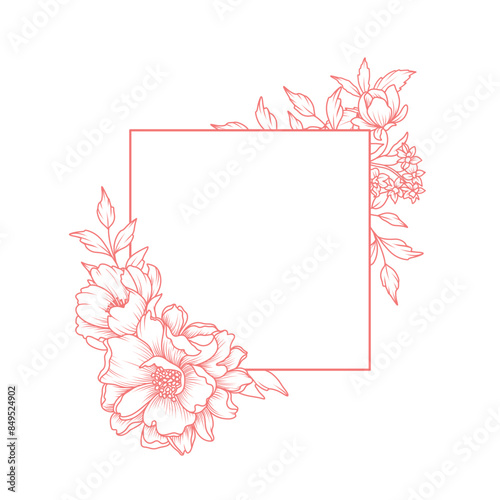 Flower frame with luxury pink pattern of peonies flowers, branches, leaves on a white background. Floral border in line art style. Vector illustration with drawn elegant vintage botanical elements 