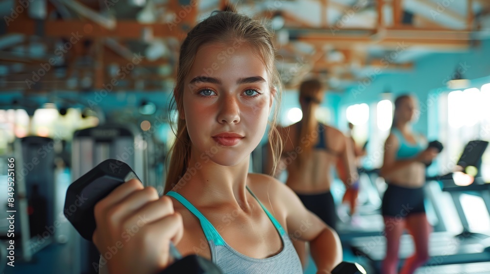 Obraz premium Energetic teen doing bicep curls with dumbbells in a bright gym, other gym-goers exercising in the background, motivational atmosphere, modern fitness machines