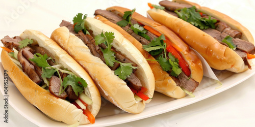 Vietnamese banh mi sandwiches, with crusty baguettes, grilled pork, pickled vegetables, and fresh herbs, on a white plate.