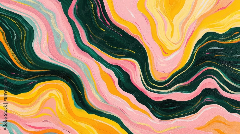 Pink yellow green and black abstract wave lines