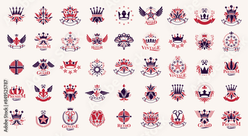 Heraldic Coat of Arms with crowns vector big set, vintage antique heraldic badges and awards collection, symbols in classic style design elements, family or business logos.
